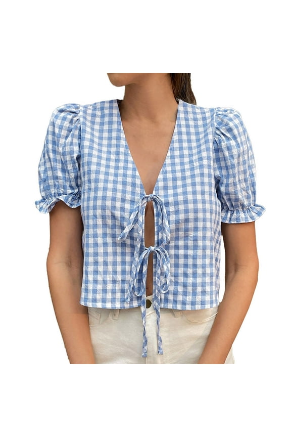 Women's Gingham Crop Top Puff Sleeve V-Neck Tie Front Blouse Plaid Summer Shirt with Elastic Cuffs Blue XL