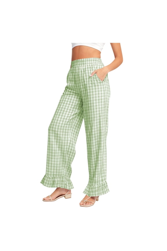 Women's Gingham Pants Y2K Cotton Wide Leg Ruffle Hem Lounge Pants Plaid Elastic Wasited Trouser with Pockets Green XL