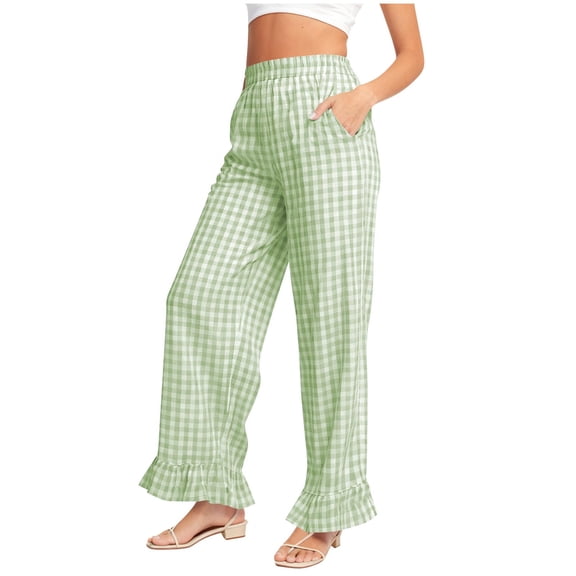 JGGSPWM Women's Gingham Pants Y2K Cotton Wide Leg Ruffle Hem Lounge Pants Plaid Elastic Wasited Trouser with Pockets Green XXL