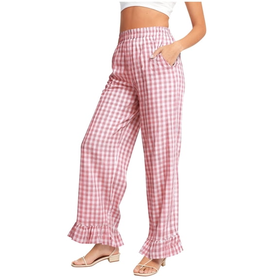 JGGSPWM Women's Gingham Pants Y2K Cotton Wide Leg Ruffle Hem Lounge Pants Plaid Elastic Wasited Trouser with Pockets Pink M