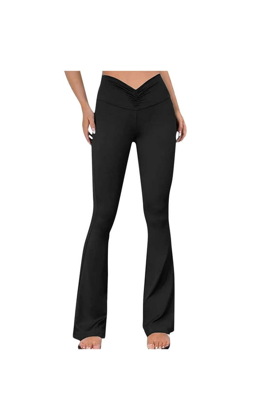 Women's Girlfriend Flare Pants Solid Criss Cross High Waisted Pants Bottom Lift Yoga Pants Black S
