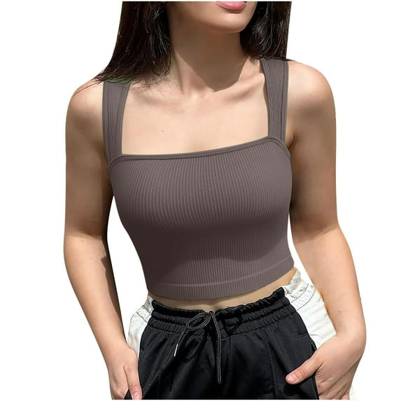 JGGSPWM Women's Going Out Cropped Knit Ribbed Square Neck Cami Tops Brown L