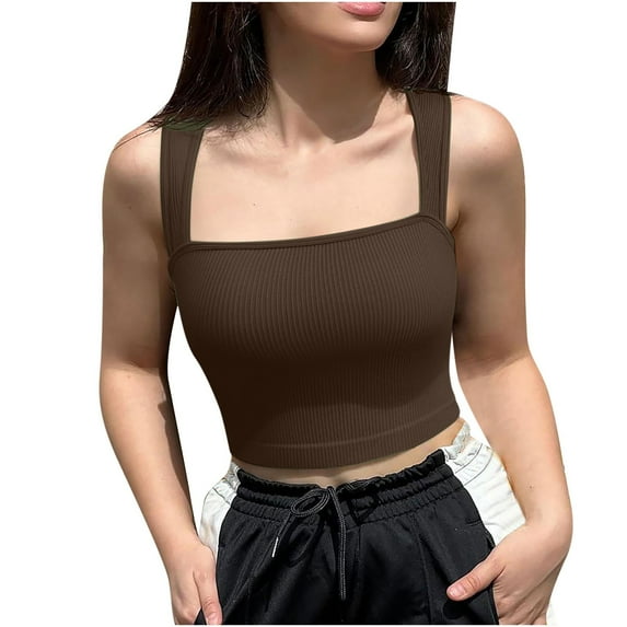 JGGSPWM Women's Going Out Cropped Knit Ribbed Square Neck Cami Tops Coffee L