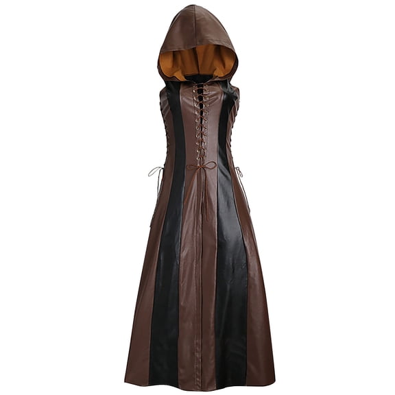 JGGSPWM Women's Gothic Vintage Maxi Dress PU Leather Hooded Medieval Court Lace-Up Sleeveless Patchwork Cloak Retro Gothic Long Cloak Fall Winter Cape Trench Coat Jackets Brown#/001 XXL