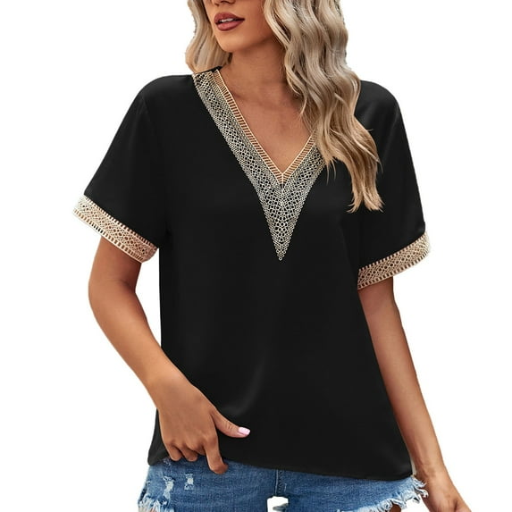 JGGSPWM Women's Guipure Lace Deep V Neck Crochet Deep V Neck Short Sleeve Shirt Colorblock Blouse Patchwork Top Summer Clothes Black S
