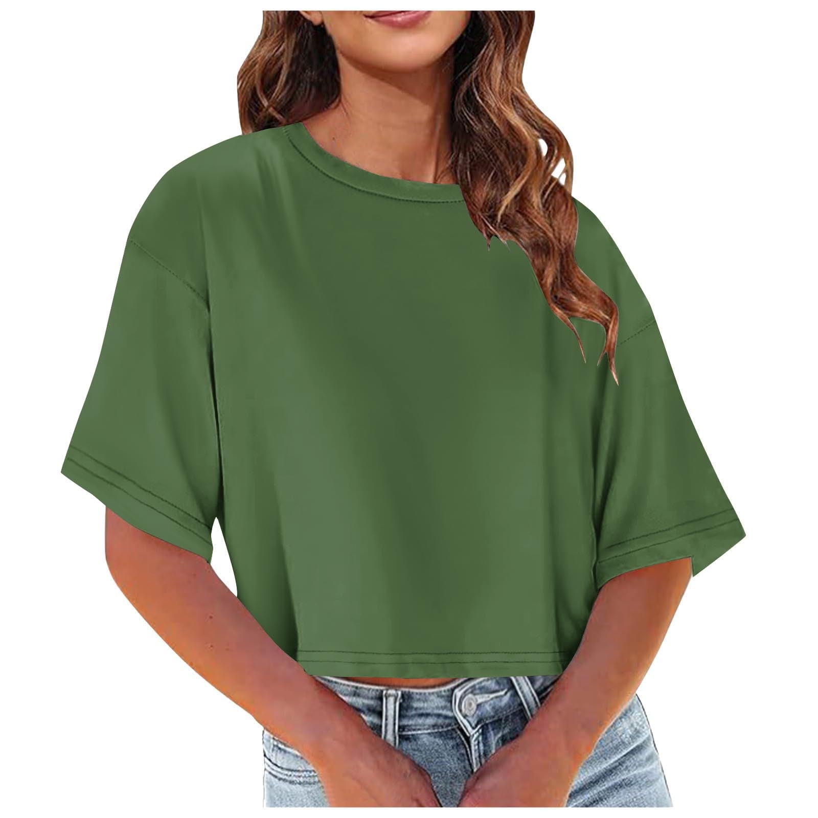JGGSPWM Women's Half Sleeve Cropped T-Shirt Drop Shoulder Round
