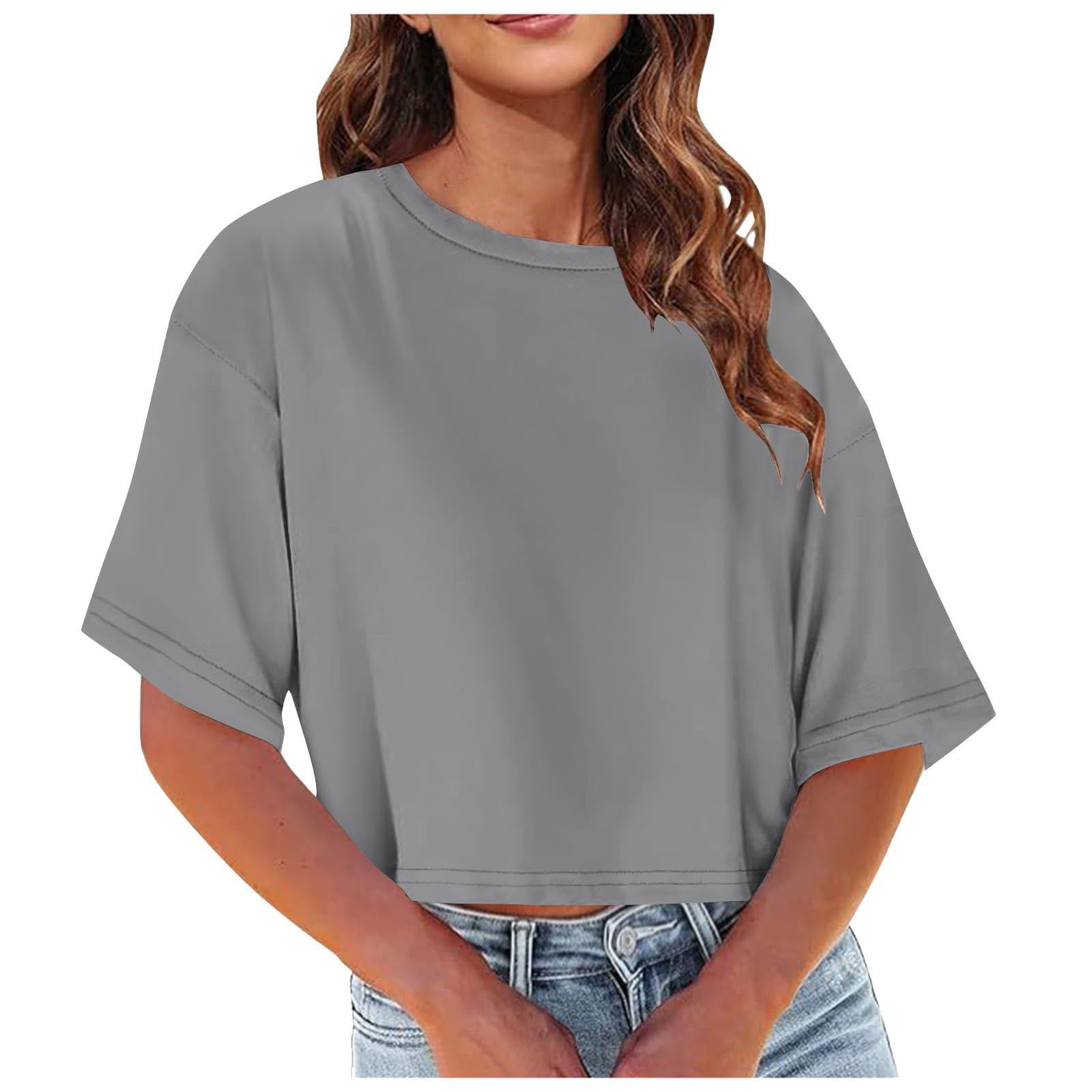 トップス CROPPED TEE SHIRT Women's Boxy Crop Top Round Neck Short Sleeve Casual 100