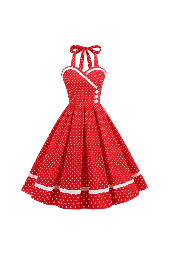 Women's Halter Neck Polka Dot A Line Midi Dress Button Dresses Red 2XL