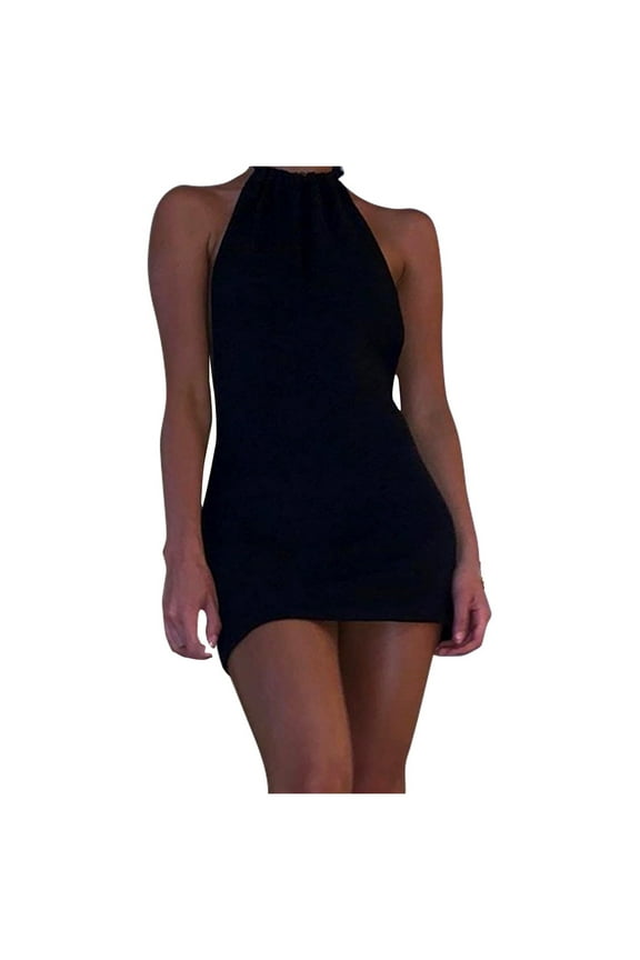 Women's High Neck Mini Dress High Waisted Bodycon Style Sleeveless Halter Neckline Dresses Black L