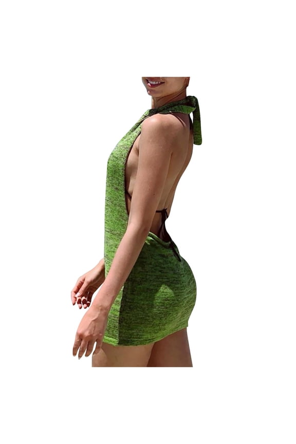 Women's High Neck Mini Dress High Waisted Bodycon Style Sleeveless Halter Neckline Dresses Green S
