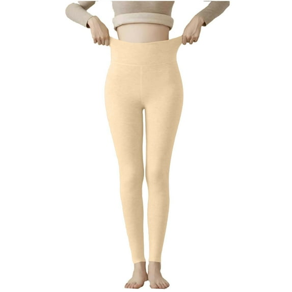 JGGSPWM Women's High Waist Leggings Thermal Tights Stretchy Workout Legging Winter Warm Pants Casual Comfy Lounge Yoga Pant Beige M