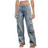 JGGSPWM Women's High Waisted Cargo Jean with Straight Wide Leg Baggy Casual Pants with Pocket Blue M