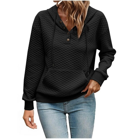 JGGSPWM Women's Hoodies Casual Long Sleeve Quilted Half Button Drop Shoulder Pullover Tops Loose Drawstring Hooded Sweatshirt Black XXL