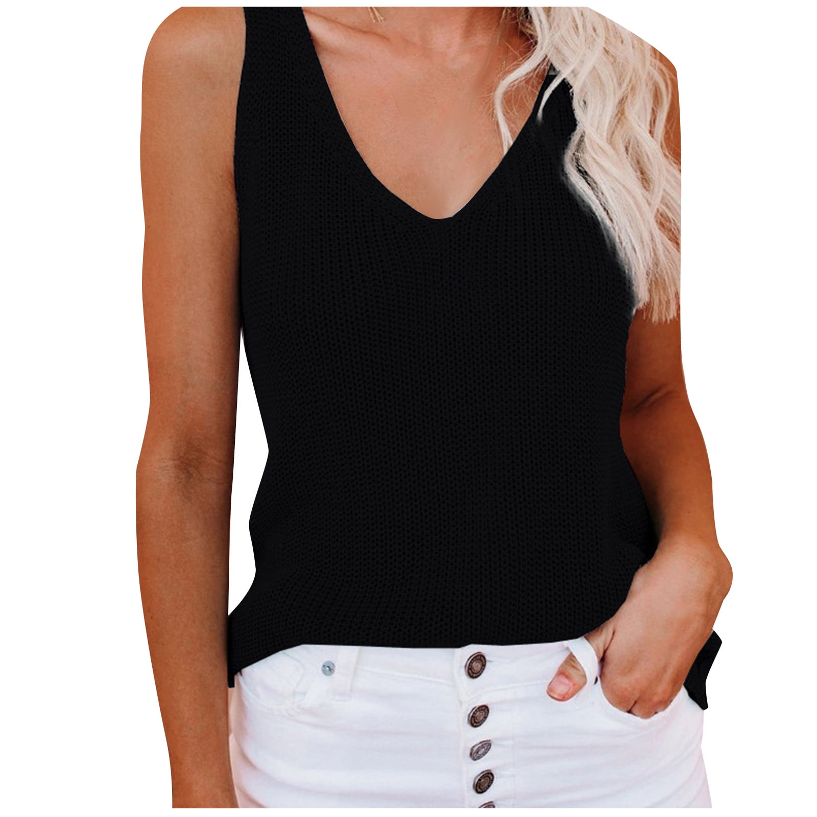 JGGSPWM Women's Hook-Eye V-Neck Knit Vest Hollow-Out Cable Crochet