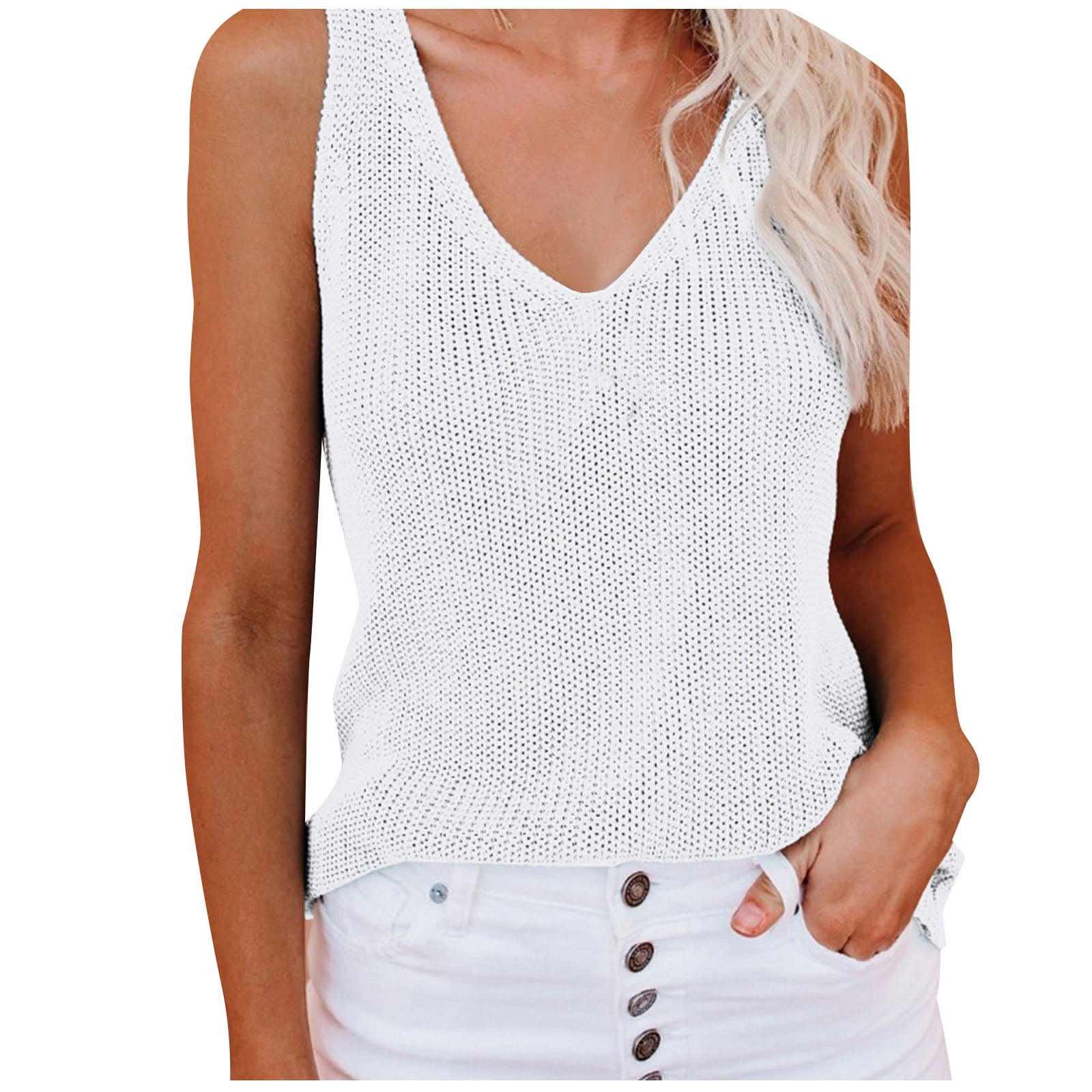 JGGSPWM Women's Hook-Eye V-Neck Knit Vest Hollow-Out Cable Crochet