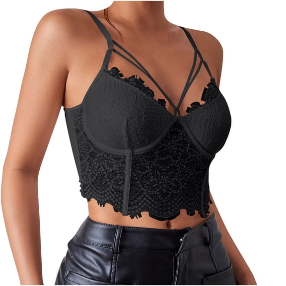 JGGSPWM Women's Lace Overlay Bustier Crop Tank Top Adjustable Straps Scalloped Hem Casual Night Out Translucent Top Black L