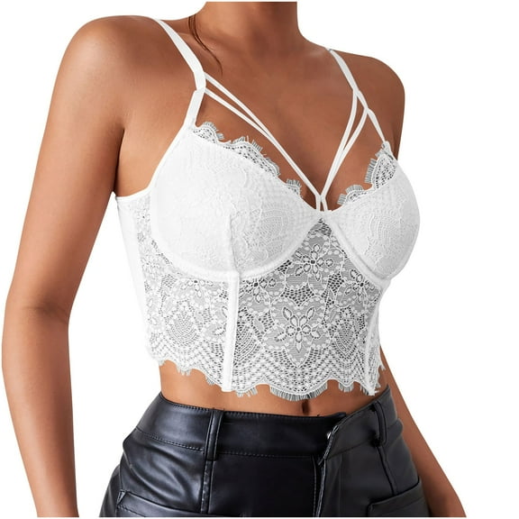 JGGSPWM Women's Lace Overlay Bustier Crop Tank Top Adjustable Straps Scalloped Hem Casual Night Out Translucent Top White XS