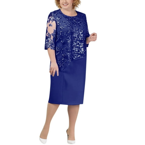 JGGSPWM Women's Lace Overlay Midi Dress 3/4 Sleeves Floral Embroidery Cocktail Evening Dresses Blue 4XL