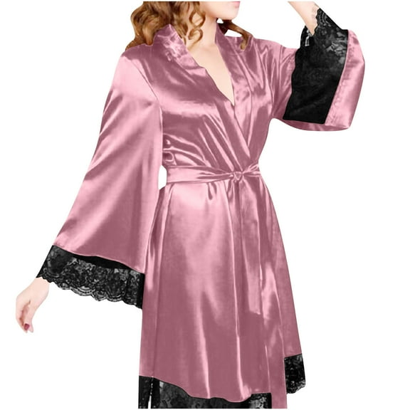 JGGSPWM Women's Lace Trim Satin Robes Bell Long Sleeve Nightgown Silky Kimono Bathrobe Nightwear Pink S