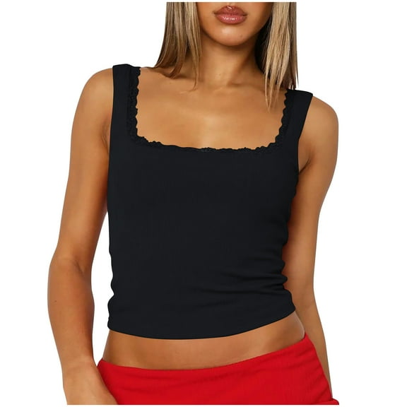 JGGSPWM Women's Lace Trim Tank Tops Square Neck Casual Summer Sleeveless Blouses Basic Solid Color Slim Cropped Shirts Black M