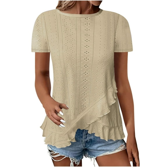 JGGSPWM Women's Lace Trim V-Neck Peplum Flounce Short Sleeve Eyelet Summer Casual Blouse Tops Khaki L