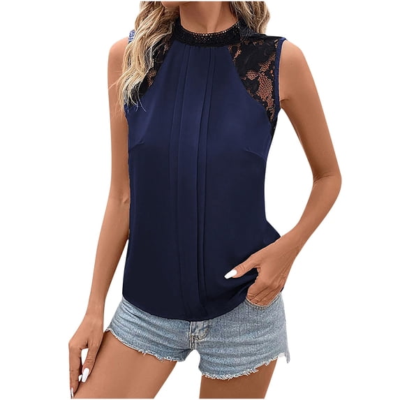 JGGSPWM Women's Lace-Trimmed Sleeveless Blouse High Neck Lace Patchwork T-shirt Top Navy M