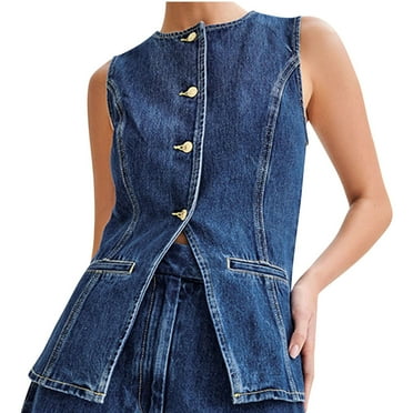 JGGSPWM Women's Lapel Denim Vest Sleeveless Business Work Jean Waistcoat Casual V Neck Button Down Jean Jacket Blue XL