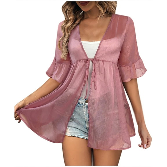 JGGSPWM Women's Lightweight Half Sleeve Tie Front Ruffled Chiffon Flowy Swimsuit Cover Up Shirt for Beach Vacation Tops Pink XL