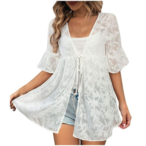 JGGSPWM Women's Lightweight Half Sleeve Tie Front Ruffled Chiffon Flowy Swimsuit Cover Up Shirt for Beach Vacation Tops White L
