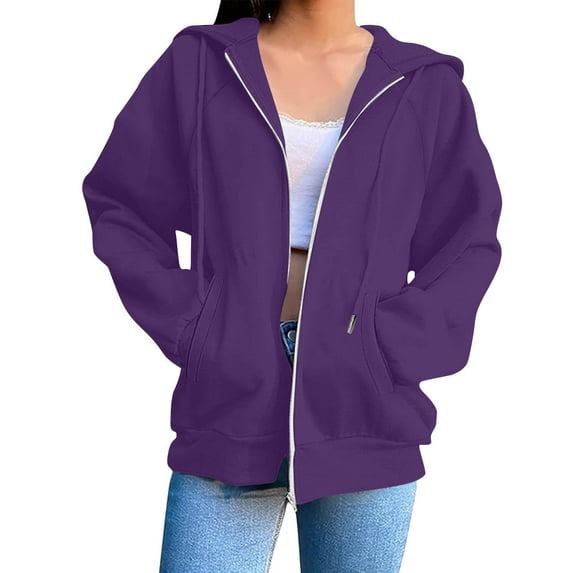 JGGSPWM Women's Lightweight Hoodies Full Zip Up Oversized Sweatshirts with Pockets Long Sleeve Solid Color Casual Jackets Purple XXXL