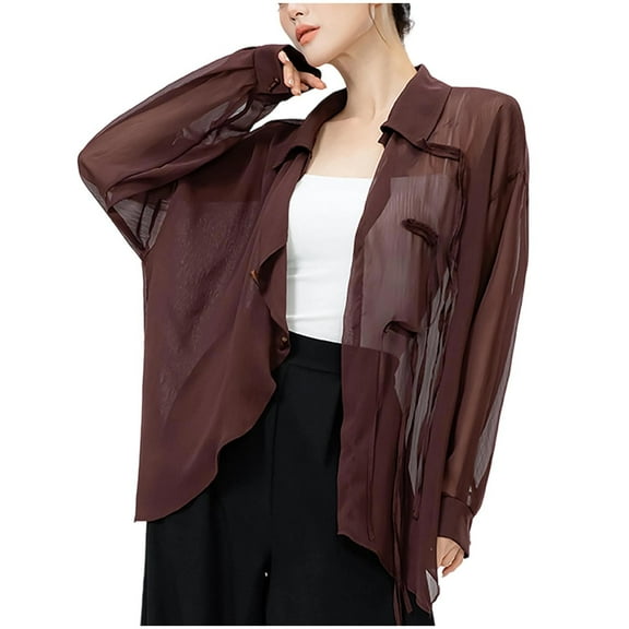 JGGSPWM Women's Lightweight Linen Top V-Neck Solid Color Casual Fashion Spring and Autumn Loose Shirt Jacket Top Brown M