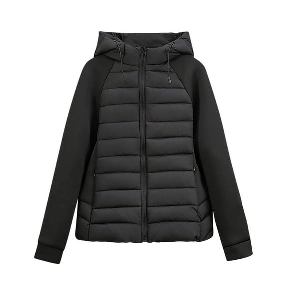 JGGSPWM Women's Lightweight Puffer Jacket with Hood Coat Casual Fashion Long Sleeved Pocket Zipper Winter Padded Jacket Black M