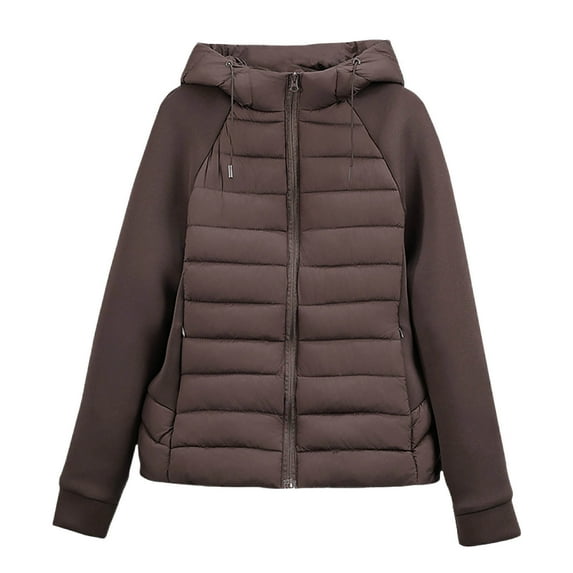 JGGSPWM Women's Lightweight Puffer Jacket with Hood Coat Casual Fashion Long Sleeved Pocket Zipper Winter Padded Jacket Brown S