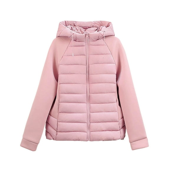 JGGSPWM Women's Lightweight Puffer Jacket with Hood Coat Casual Fashion Long Sleeved Pocket Zipper Winter Padded Jacket Pink L