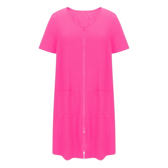 JGGSPWM Women's Lightweight Zipper Front House Coat Robe Short/3/4 Sleeve Knee Length Short House Dress Bathrobes Pink S