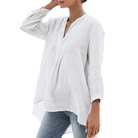 JGGSPWM Women's Linen Blouse V-neck Tunic 3/4 Sleeve Shirts Solid High Low Hem Tunic Flowy Casual Loose Fit Pullover Soft Breathable Tops White L