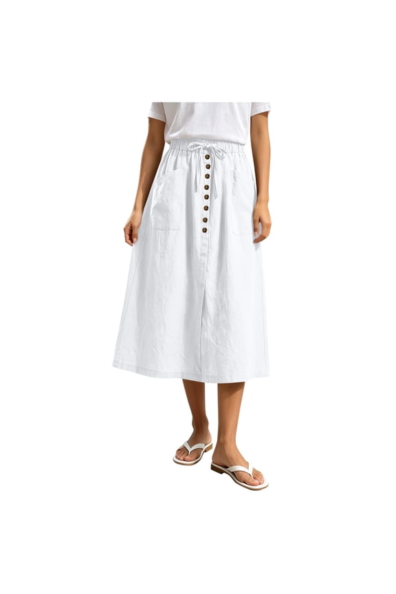 Women's Linen Button Down Midi Skirt High Waist A-Line Casual Fashion Summer Vacation Skirt with Pockets Drawstring Cotton Skirts White S