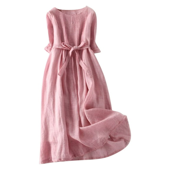 JGGSPWM Women's Linen Midi Dress High Waisted A Line Skirt Short Sleeves Dresses Pink M