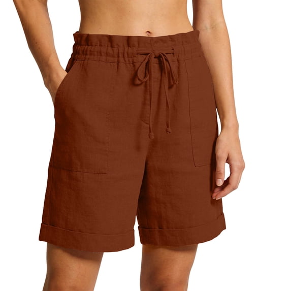 JGGSPWM Women's Linen Shorts Casual Bermuda Long Linen Shorts Drawstring High Waisted Comfy Summer with Pockets Brown XXXL