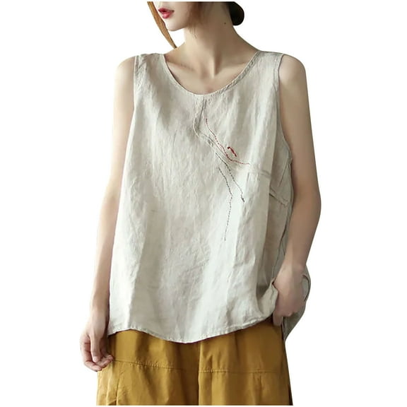 JGGSPWM Women's Linen Tank Tops Loose Fit Solid Color Sleeveless Summer V Neck Flowy Tank Tees Beige 2XL