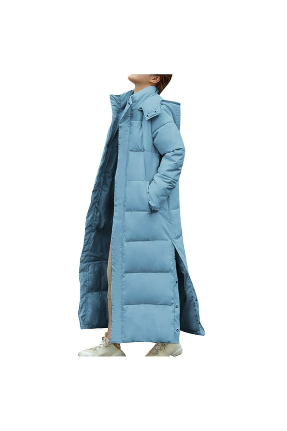 Women's Long Quilted Puffer Jacket Maxi Length Hooded Coat Thick Warm Winter Outerwear Light Blue 3XL
