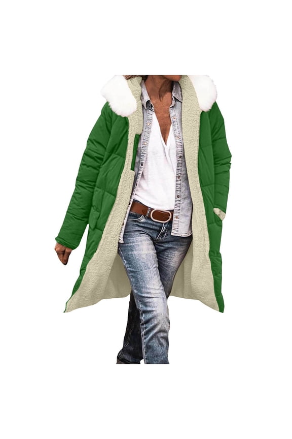 Women’s Long Reversible Winter Coat with Pockets Detachable Hat Collar, Wool-Lined Puffer Jacket Long Sleeve Parka Hooded Jacket Green XXXL