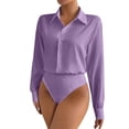 thumbnail image 1 of JGGSPWM Women's Long Sleeve Collared Shirt Bodysuit Button Front Stretchy Slim Fit Tucked-in Design for Office Purple M, 1 of 8