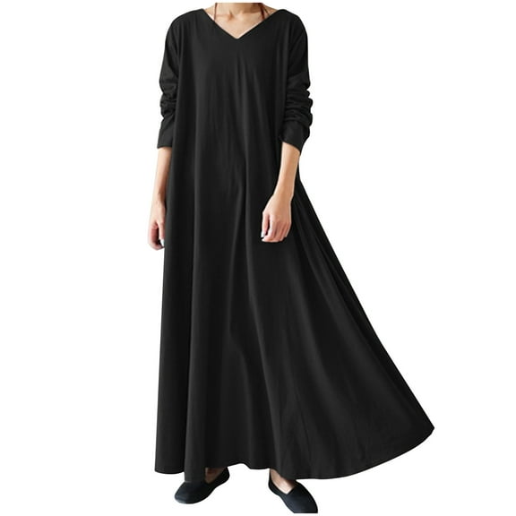 JGGSPWM Women's Long Sleeve Cotton Maxi Dress V Neck Side Pockets Casual Plus Size Daily Vacation Dresses Black L