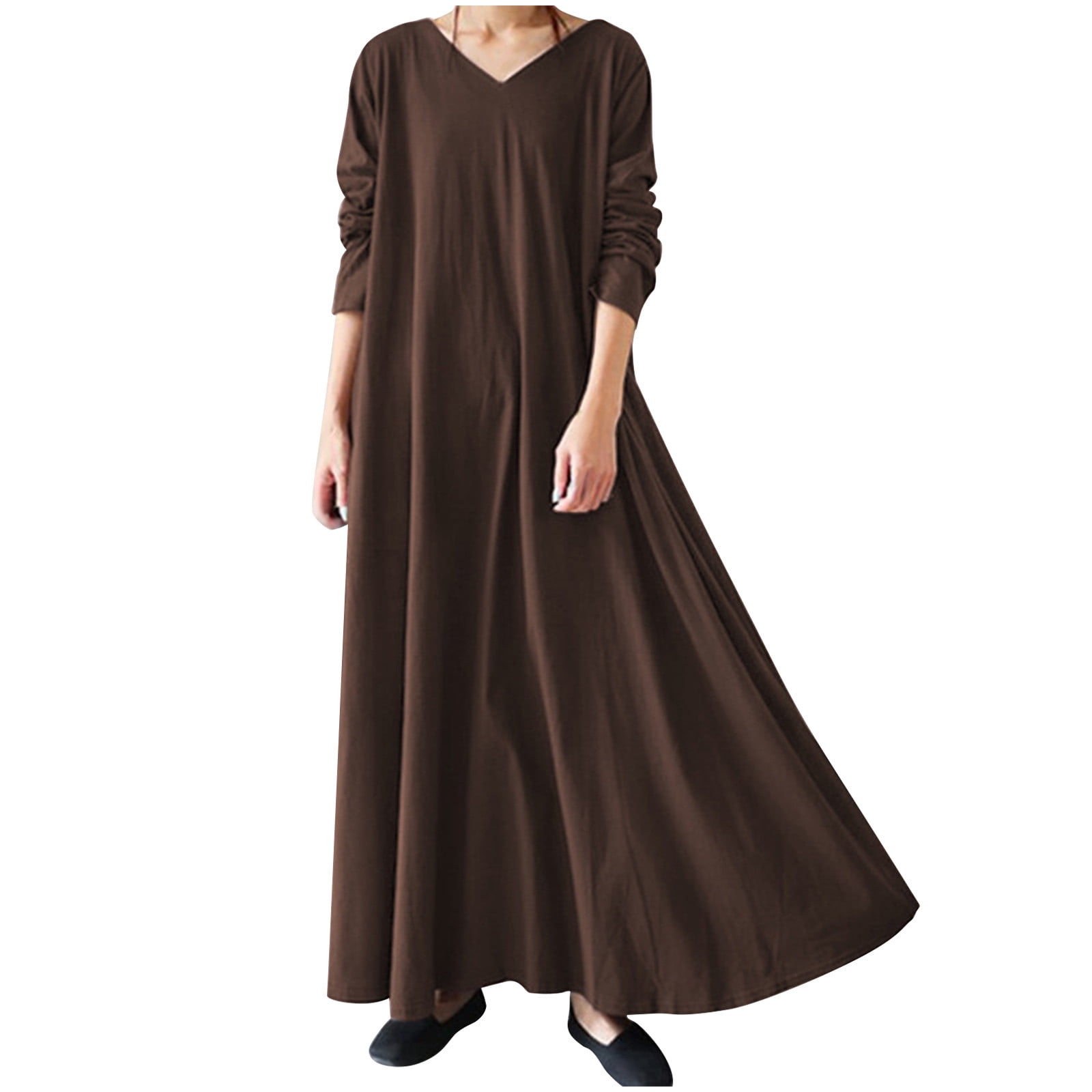 JGGSPWM Women's Long Sleeve Cotton Maxi Dress V Neck Side Pockets Casual Plus Size Daily Vacation Dresses Brown L