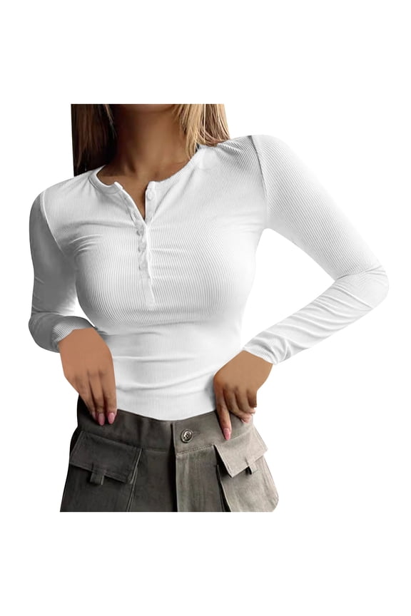 Women's Long Sleeve Henley Shirts Button Ribbed Knit Tops Basic Layering Slim Fit Soft Thermal Underwear Tops White 2XL
