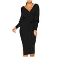 thumbnail image 1 of JGGSPWM Women's Long Sleeve Knit Midi Dress Wrap Front Tie Waist V Neck Hip Wrap Warm Dresses Black 2XL, 1 of 7
