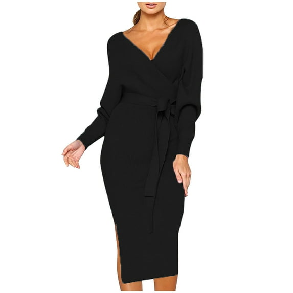 JGGSPWM Women's Long Sleeve Knit Midi Dress Wrap Front Tie Waist V Neck Hip Wrap Warm Dresses Black S