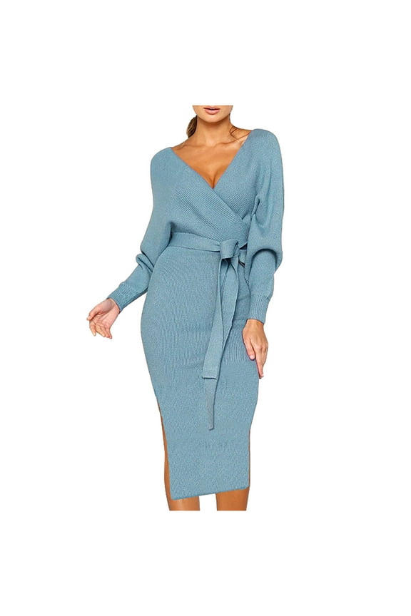 Women's Long Sleeve Knit Midi Dress Wrap Front Tie Waist V Neck Hip Wrap Warm Dresses Blue L