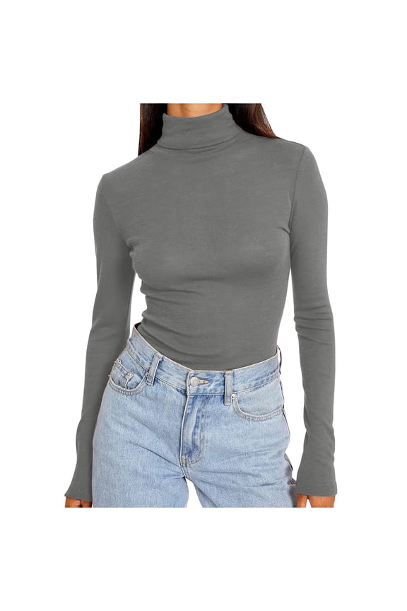 Women's Long Sleeve Mock Turtle Neck Tops Fall Winter Basic Layering Lightweight Slim Fitted Shirts Gray L